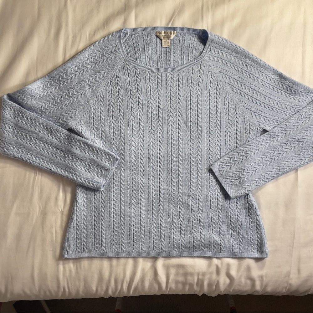 Casual Corner Vintage Stretch Cable Knit Sweater- Soft Powder Blue.